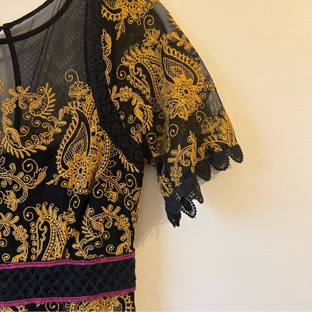 Anthropologie Black & Mustard Floral Lace Midi Dress with Pink Accents - Picture 4 of 10